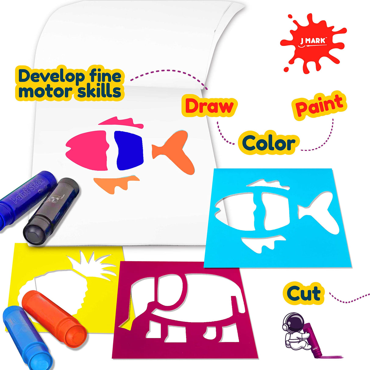 J MARK Solid Tempera Paint Sticks - Including Painting Book and Stencils, Set of Paint Sticks for Kids Washable- Tempera Sticks J MARK