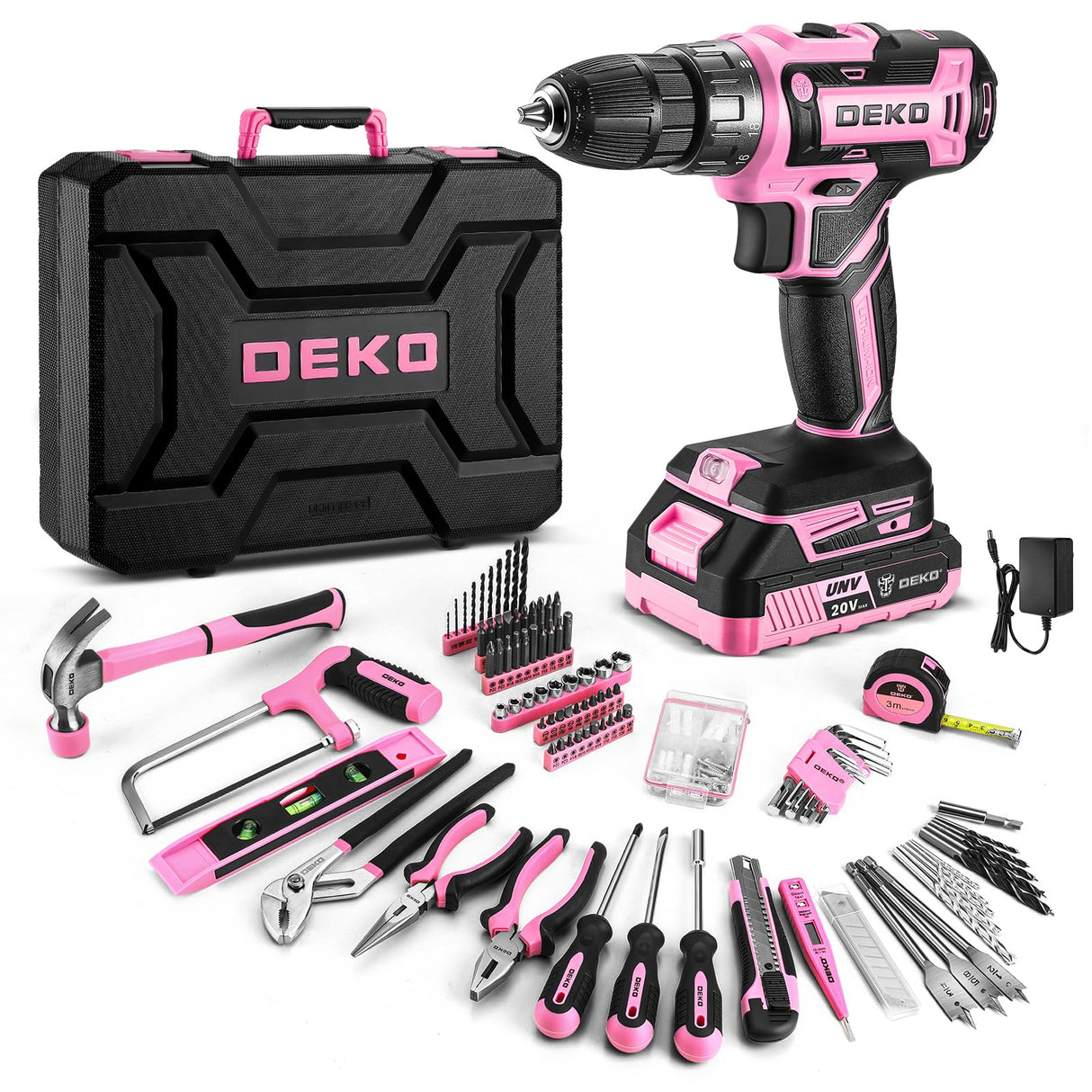 Pink Drill Tool Kit Set: 20V Cordless Power Drill Tool Box with Battery Electric Drill Driver for Men Home Hand Repair Basic Toolbox Tools Sets DEKOPRO