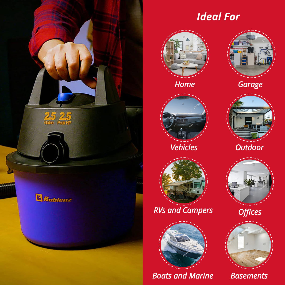 Koblenz WD-2.5 L Portable Wet/Dry, 2.5 Gallon 2.5HP Wall Mountable Vacuum, Blue+Black, 5 Year Warranty Koblenz