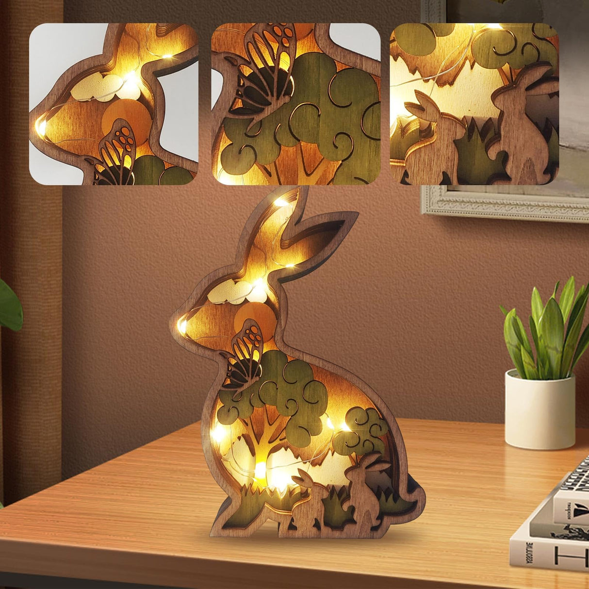 3D Wood Carving Animals Lamp Home Decorative, Cute Bunny Wolf Cat Family Presents Ideas Easter Birthday Living Room Office Decor Warm LED Night Drawelry