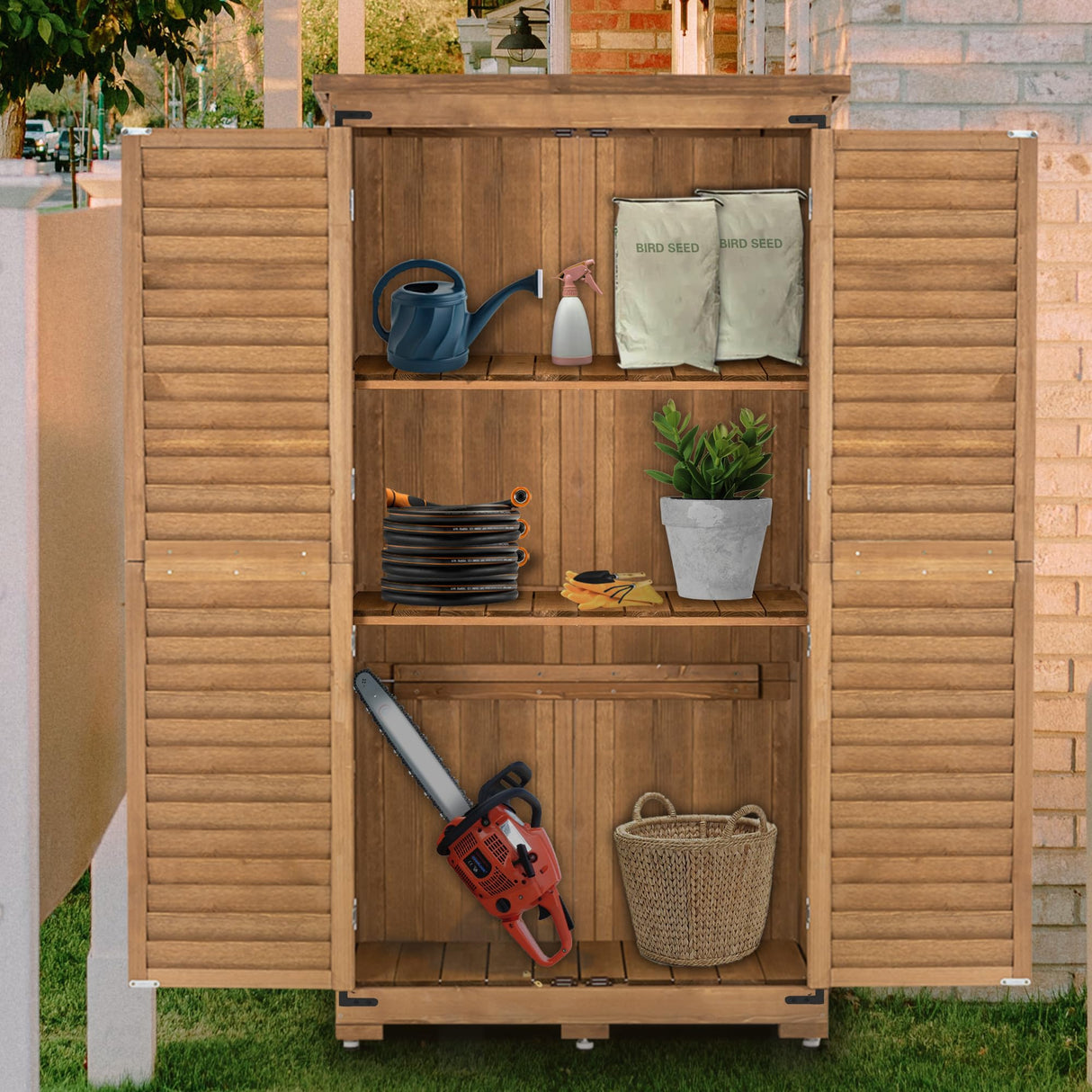MCombo Outdoor Storage Cabinet, Garden Storage Shed, Outside Vertical Shed with Lockers, Outdoor 63 Inches Wood Tall Shed for Yard and Patio 0870 MCombo