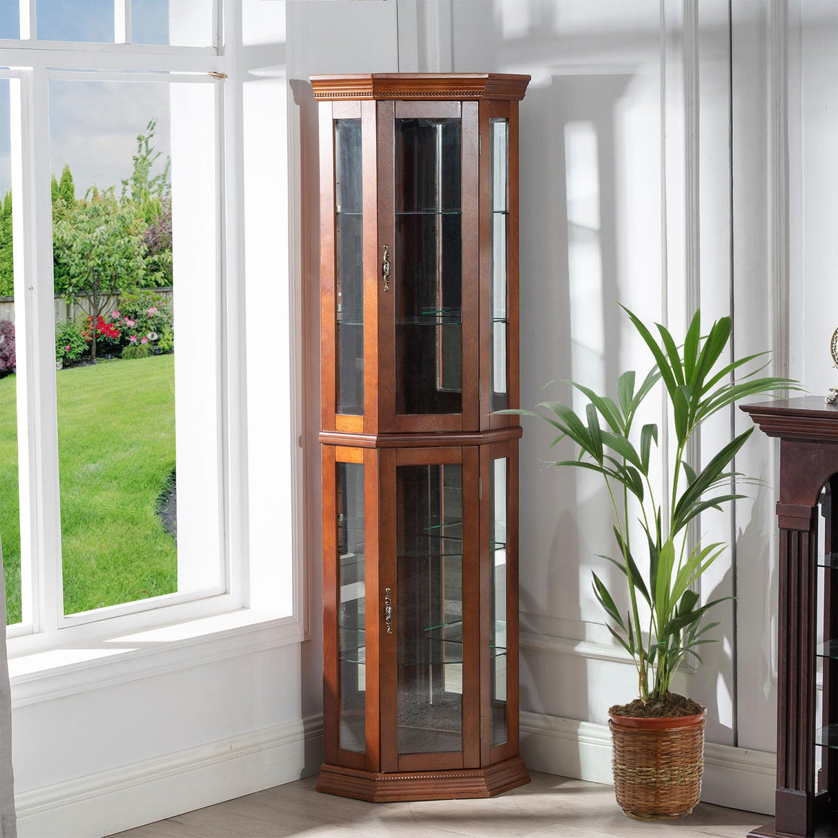 Hayiodda Corner Curio Glass Display Cabinet - Lighted Corner Curio China Cabinet with Mirrored Back, China Display Cabinet with Glass Doors and Hayiodda