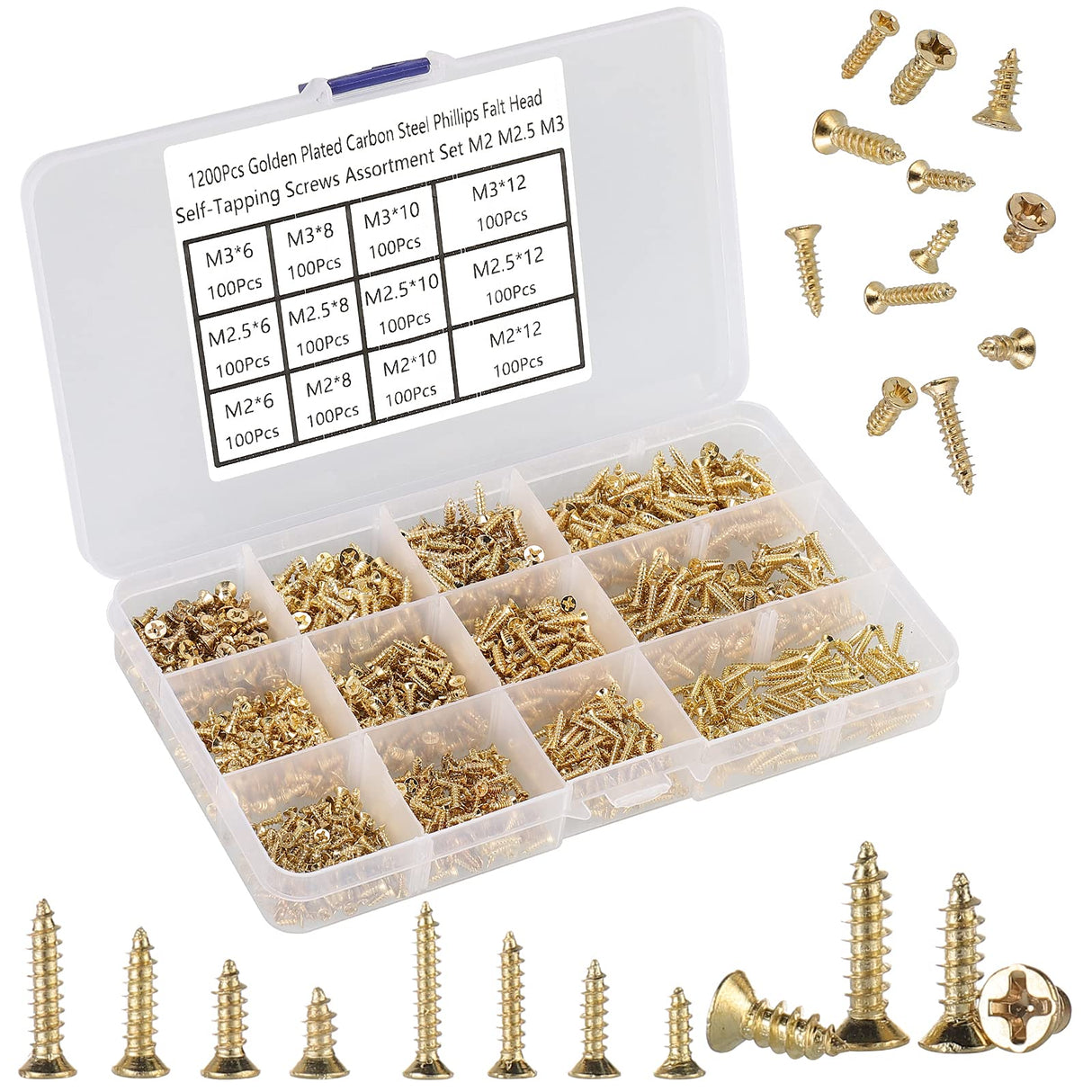 HanTof 1200Pcs Tiny Phillips Flat Head Self Tapping Screws for Wood, Plastic and Soft Metal. M2 M2.5 M3 Small Countersunk Tapper Screws Set for DIY HanTof