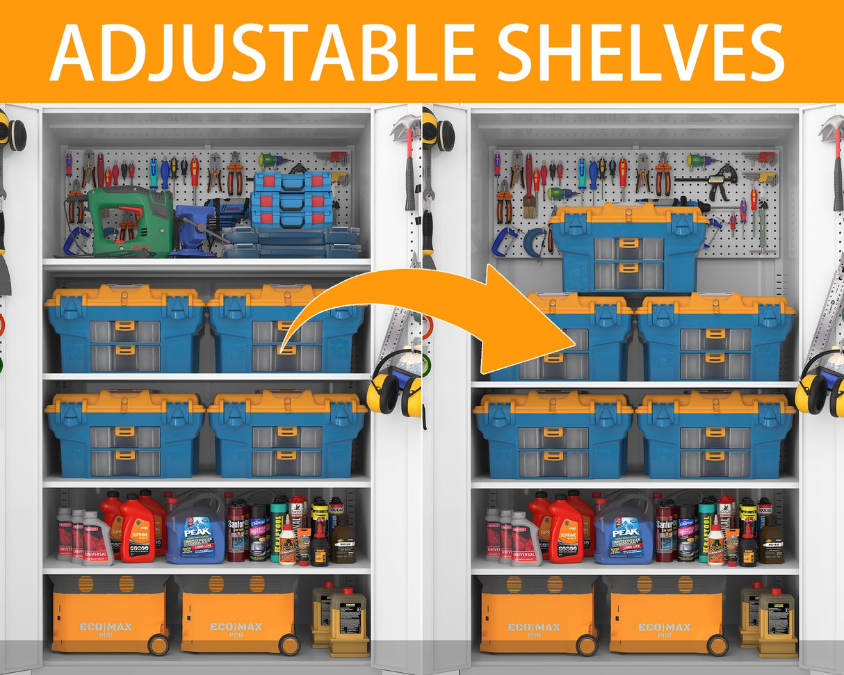 Upgraded Tall & Wide Metal Storage Cabinet with Doors & 4 Adjustable Shelves | Heavy-Duty Black Lockable Garage Cabinet with Wheels & Pegboard for basenji