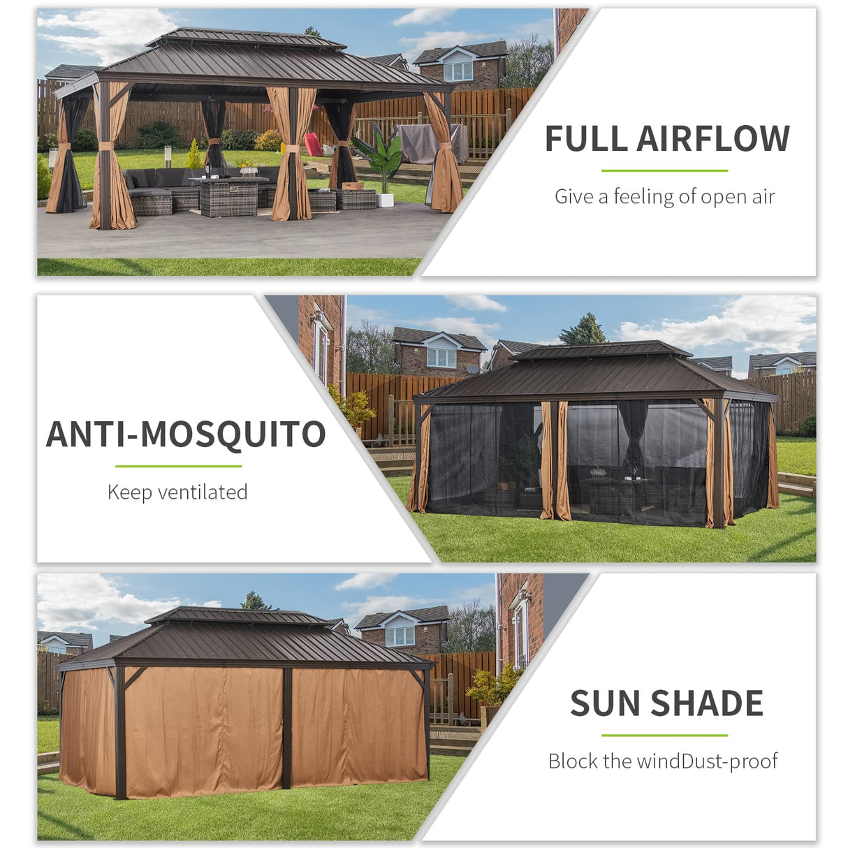 Aoxun 12' X 20' Permanent Hardtop Gazebo Aluminum Gazebo with Galvanized Steel Double Roof for Patio Lawn and Garden, Curtains and Netting Included, Aoxun