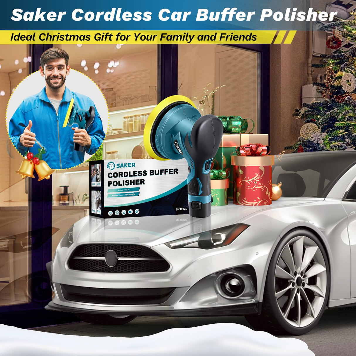 Saker Mini Cordless Buffer Polisher - 6 Inch Portable Polishing Machine Kit for Car Detailing, with 1PC 12V 2000mAh Rechargeable Battery, Extra 10 Saker