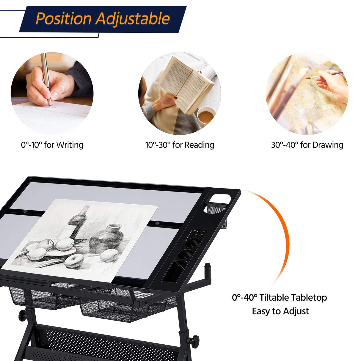 Yaheetech Drawing Table, Art Craft Desk with Adjustable Tabletop, Painters/Artist Work Station, Study Table with Stool, Tempered Glass Top Yaheetech