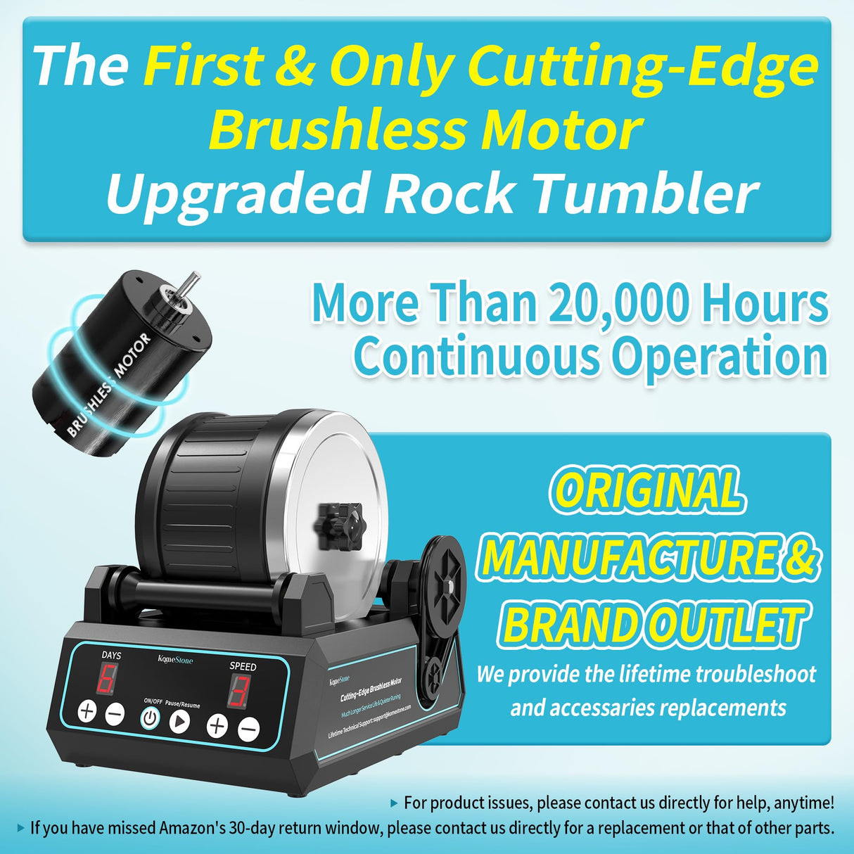 KomeStone K1 Pro Professional Cutting-Edge Brushless Motor Advanced Rock Tumbler Polisher Kit, Extra Large 2.5Lb Barrel with 3-Speed Motor 9-Day KomeStone