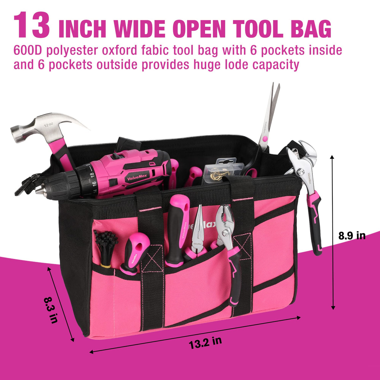 ValueMax Home Tool Kit with Drill, 238-Pieces Pink Tool Set with 20V Cordless Lithium-ion Drill, Power Tool Set with Wide Mouth Open Storage Bag, ValueMax