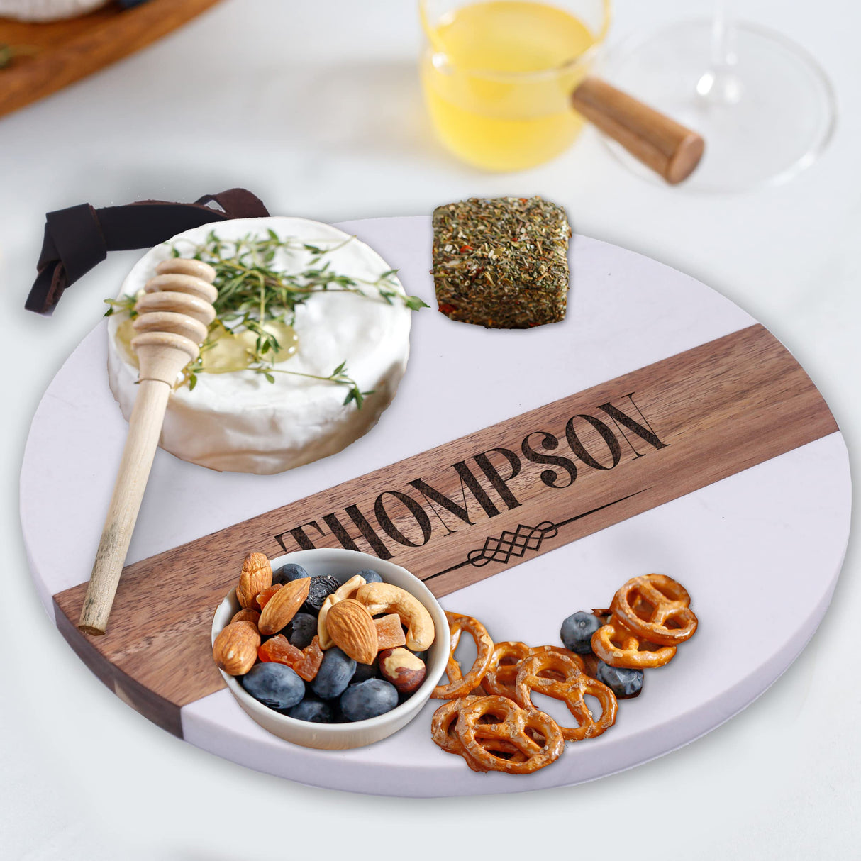 The Wedding Party Store Custom Personalized Round Marble and Acacia Meat, Cheese, Charcuterie Serving Board Platter with Leather Hanging Strap The Wedding Party Store
