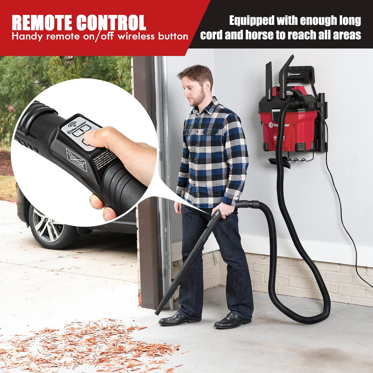 Vacmaster VWMB508 1101 5 Gallon Wall-Mount Wet/Dry Vacuum with Remote Control Operation Red Vacmaster