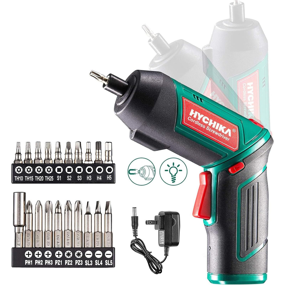 Cordless Screwdriver 6 N.m, HYCHIKA 4V 2000mAh Electric Screwdriver Gun, Adjustable 2 Position Handles, Front LED, DC Charging, 20pcs Accessories HYCHIKA BETTER TOOLS FOR BETTER LIFE