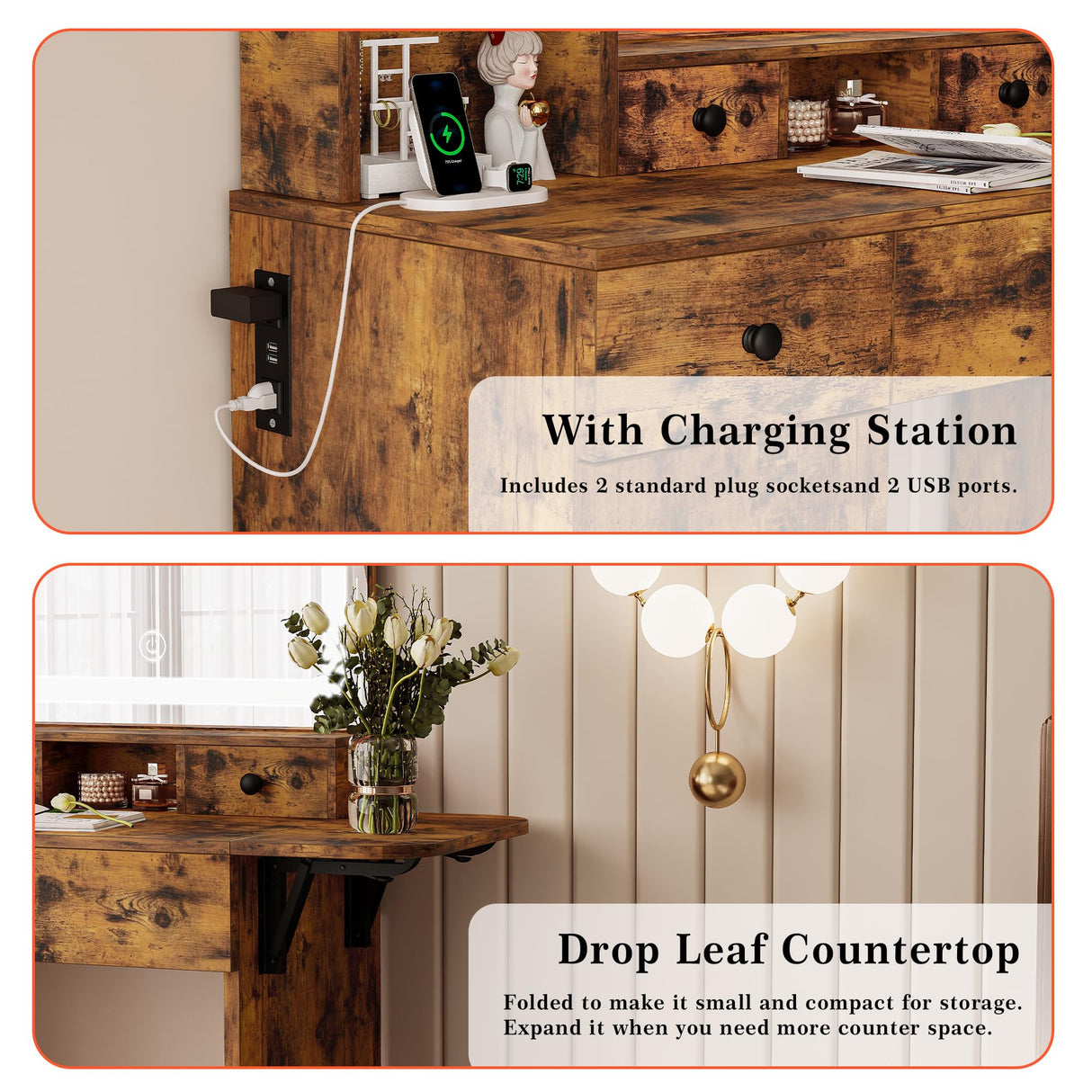 LIKIMIO Vanity Desk with Drawers & LED Lighted Mirror & Power Outlet & Cabinet, Storage Stool, Stylish Bedroom Makeup Table Set, Vintage Brown LIKIMIO