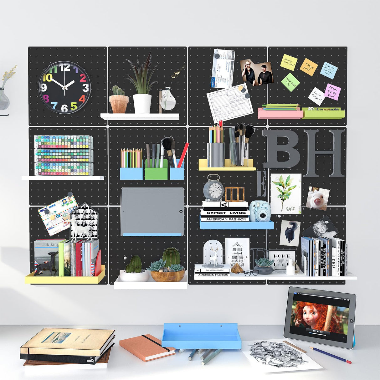 Peg Board, 4 Pack Metal Pegboard Panels Black Pegboards Wall Organizer with Bent Frame Large Heavy Duty Peg Board for Walls Home, Garage Tool Hogurity