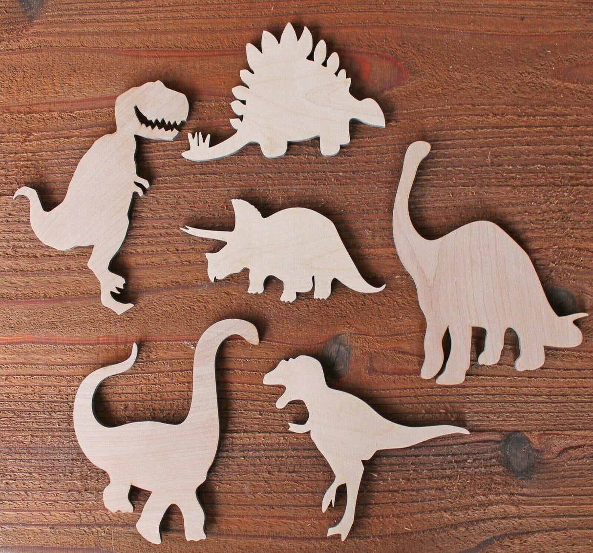Set of 6 Large Dinosaur Wood Cutout Shapes 6", 8",10" or 12" available Cut out T-Rex Brontosaurus Brachiosaurus Velociraptor + more Texan Wood Crafts