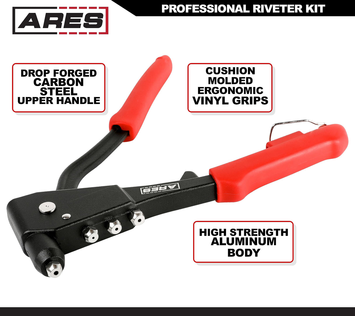 ARES 70017 - Professional Pop Rivet Gun with 60 Rivets - Rivet Sizes 3/32-inch, 1/8-inch, 5/32-inch, & 3/16-inch - Applications Include Sheet Metal, ARES