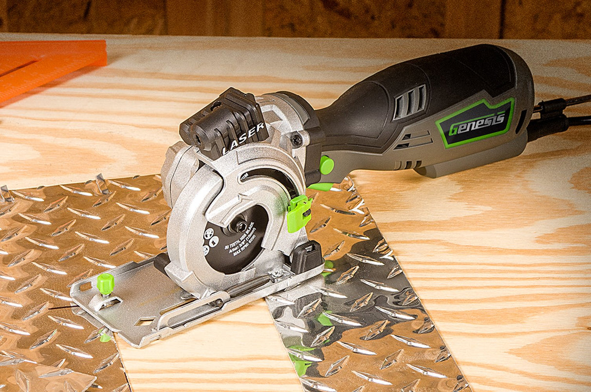 Genesis GPCS535CK 5.8 Amp 3 1/2” Control Grip Plunge Compact Circular Saw Kit with Laser, Miter Base, 3 Assorted Blades, Vacuum Adapter Hose, Rip Genesis