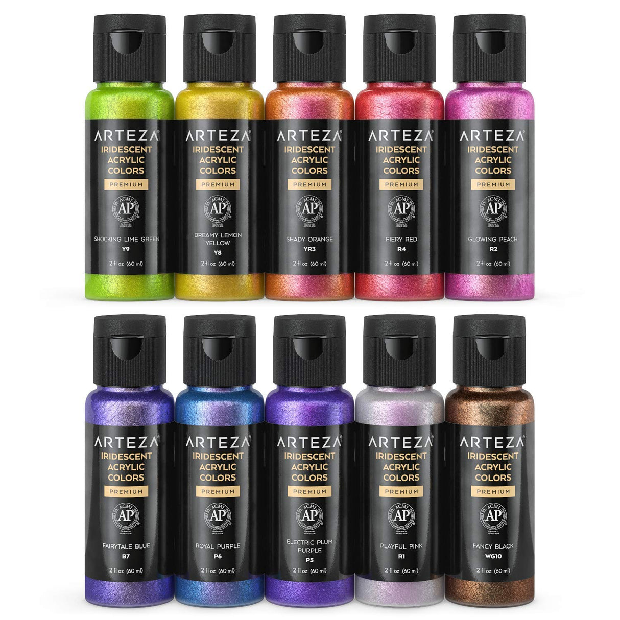 ARTEZA Iridescent Acrylic Paint, Set of 10 Chameleon Colors, 2 oz/60ml Bottles, High Viscosity Shimmer Water-Based, Blendable Paints, Art Supplies ARTEZA