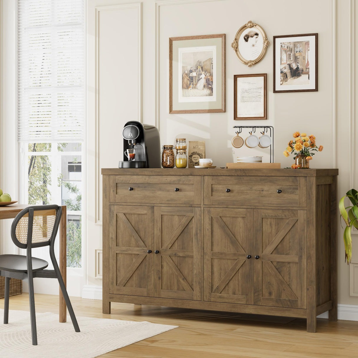 HOSTACK 55" Buffet Sideboard Cabinet with Storage, Modern Farmhouse Coffee Bar Cabinet with Drawers and Shelves, Barn Doors Storage Cabinet for HOSTACK