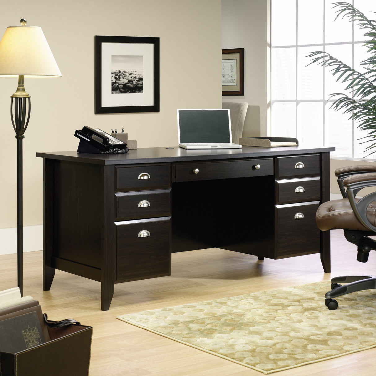 Sauder Shoal Creek Executive Desk, L: 65.12" x W: 29.29" x H: 30.55", Jamocha Wood finish Sauder