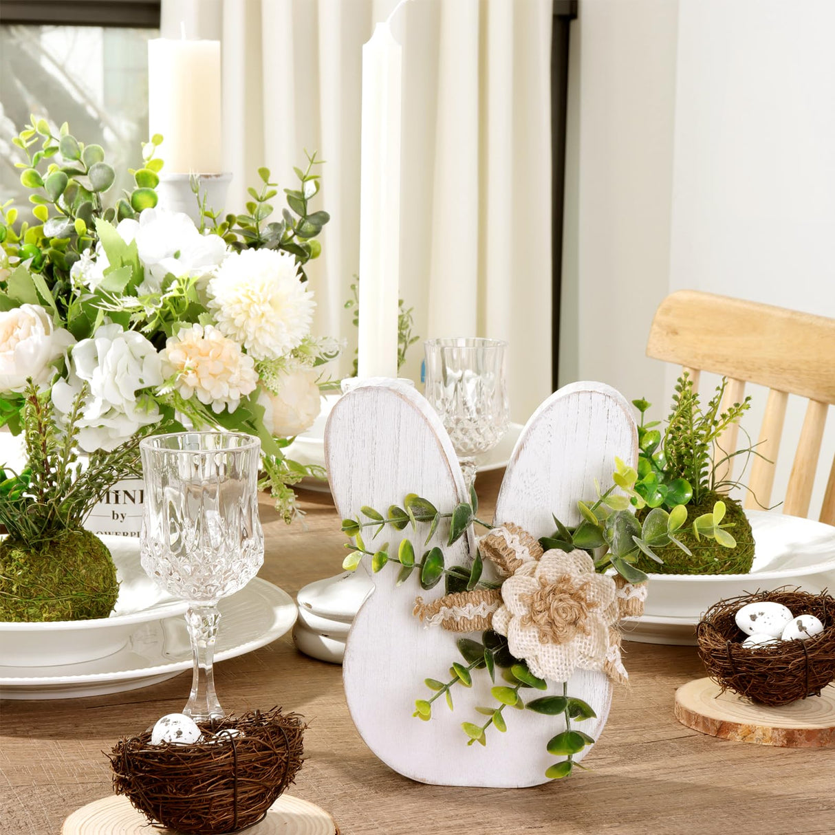 Treory Easter Decorations for the Home: Rustic Antique Wooden Bunny Happy Easter Table Centerpiece Signs, Farmhouse White Rabbit with Flowers Wood Treory