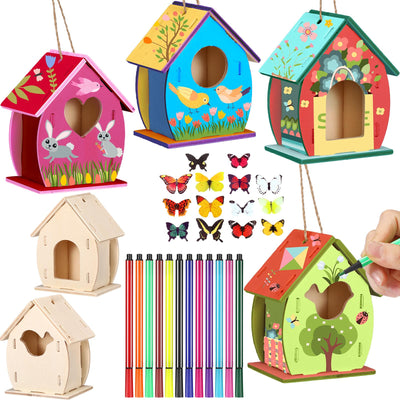 Outus 12 Pcs Wooden Birdhouse Craft Kits to Build, 4 Shapes Wooden Unfinished Bird House with Watercolor Pen and Butterfly Sticker for Boy and Girl