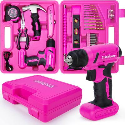 64PCS Pink Tool Set with Cordless Drill, 8V Power Drill and Pink Tool Kit for Women, 3/8"Keyless Chuck Electric Screwdriver Driver Kit for Home DIY