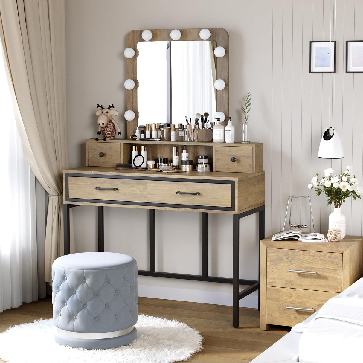 RoyalCraft Vanity, Makeup Vanity Desk with 3 Color Dimmable Lighted Hollywood Mirror, Brown Vanity with 4 Drawers, Large Dressing Table for Women RoyalCraft