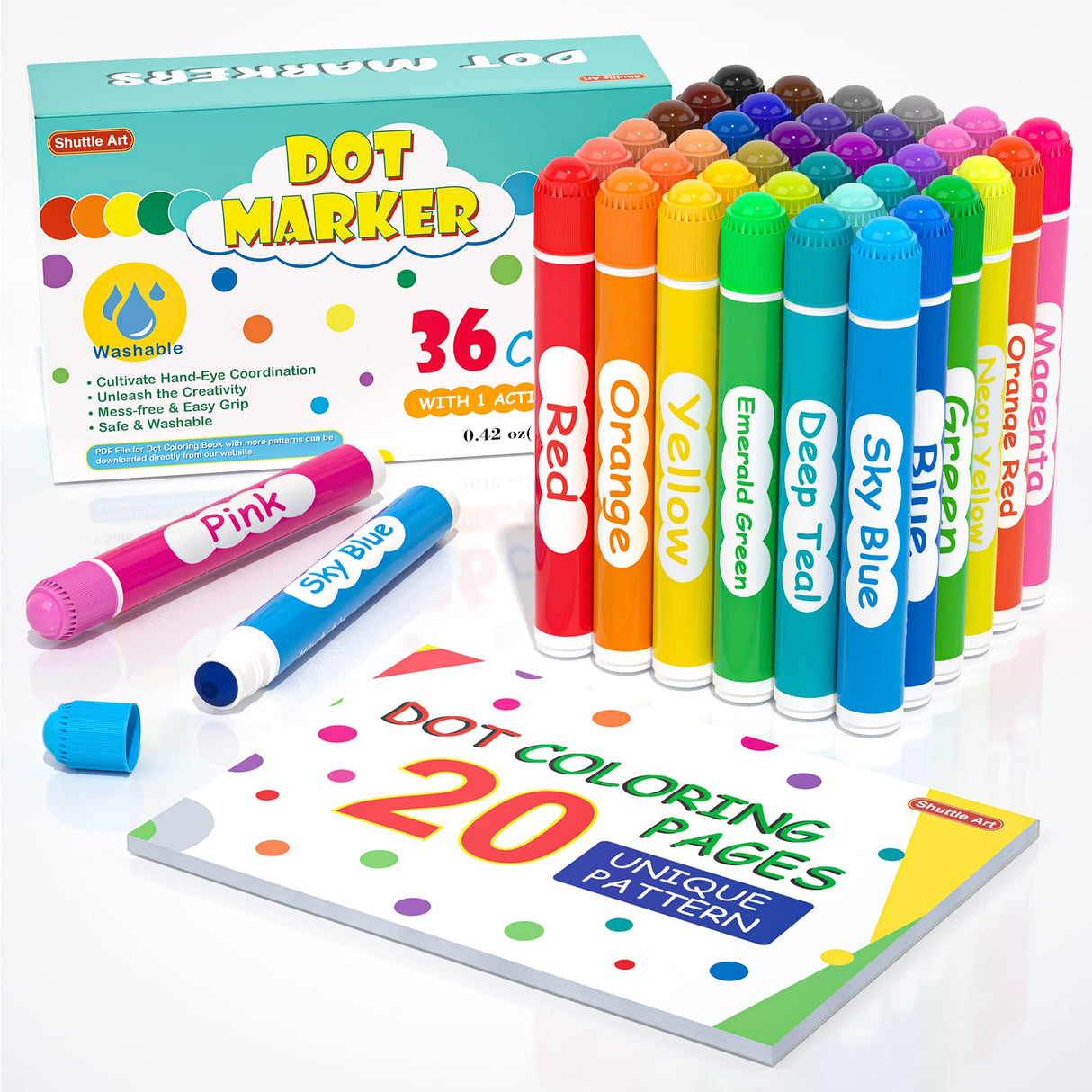 Shuttle Art Washable Dot Markers 36 Colors with Free Activity Book, Fun Art Supplies for Kids Toddlers and Preschoolers, Non Toxic Water-Based Paint Shuttle Art