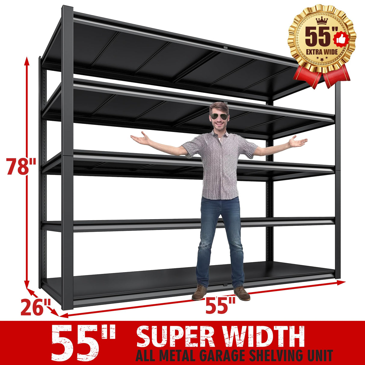REIBII 55" W Garage Shelving, 3000LBS Garage Storage Shelves Heavy Duty Shelving Adjustable Metal Shelving Unit for Storage Rack Garage Shelves REIBII