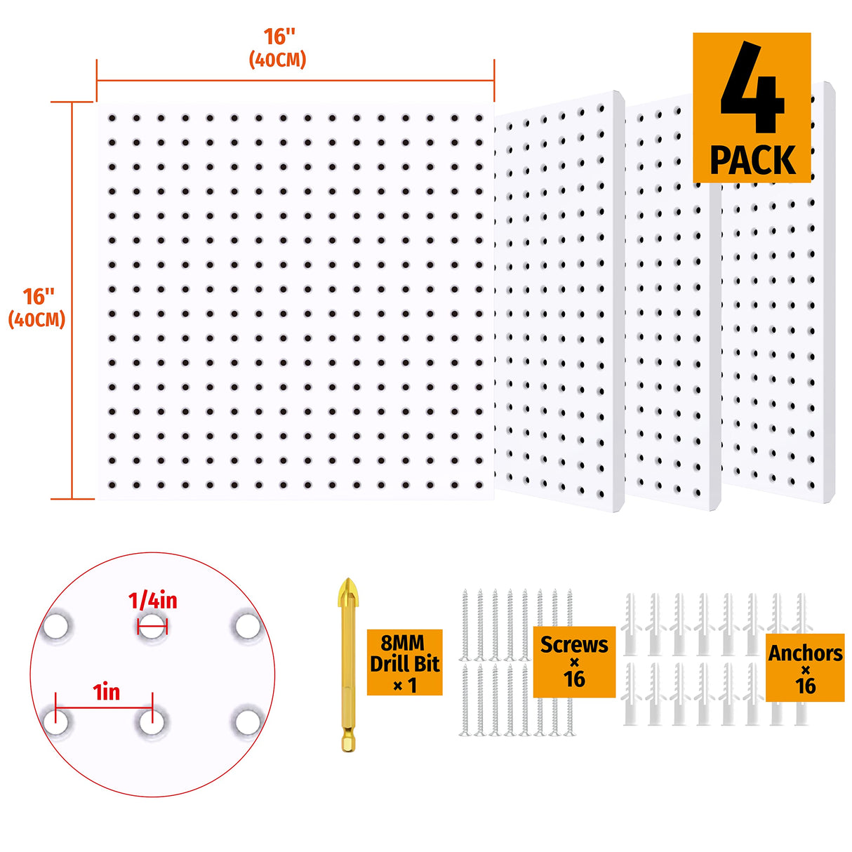 HUHOLE White Pegboard Organizer, Metal Pegboard Panels, 32-inch X 32-inch Metal Peg Board for Garage Tool Organization, 4PC HUHOLE