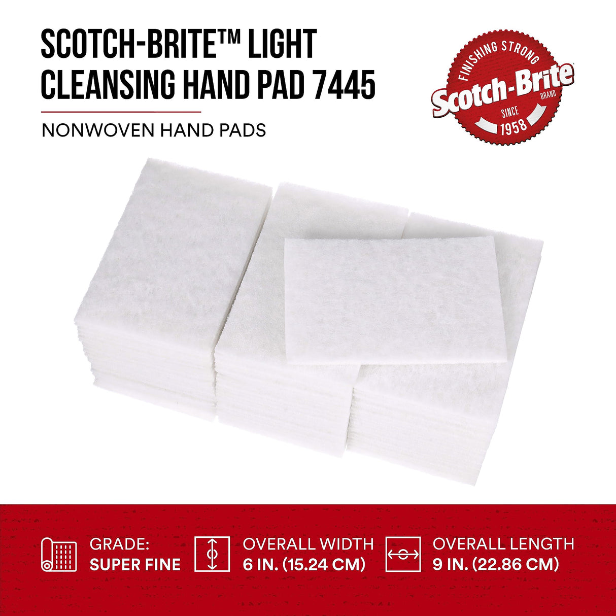 3M Scotch-Brite Light Cleansing Hand Pad 7445, 6 in x 9 in, Mild Abrasive Hand Sanding Pad, For Metal, Vinyl, Porcelain and Other Delicate Surfaces, 3M