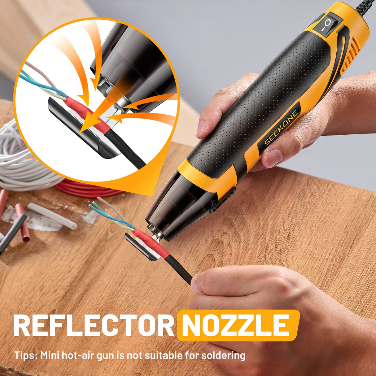 SEEKONE Mini Heat Gun, 350W 662℉ (350℃) Fast Heat Handheld Hot Air Gun Tool with Reflector Nozzle and 4.9Ft Long Cable Overload Protection for Craft SEEKONE