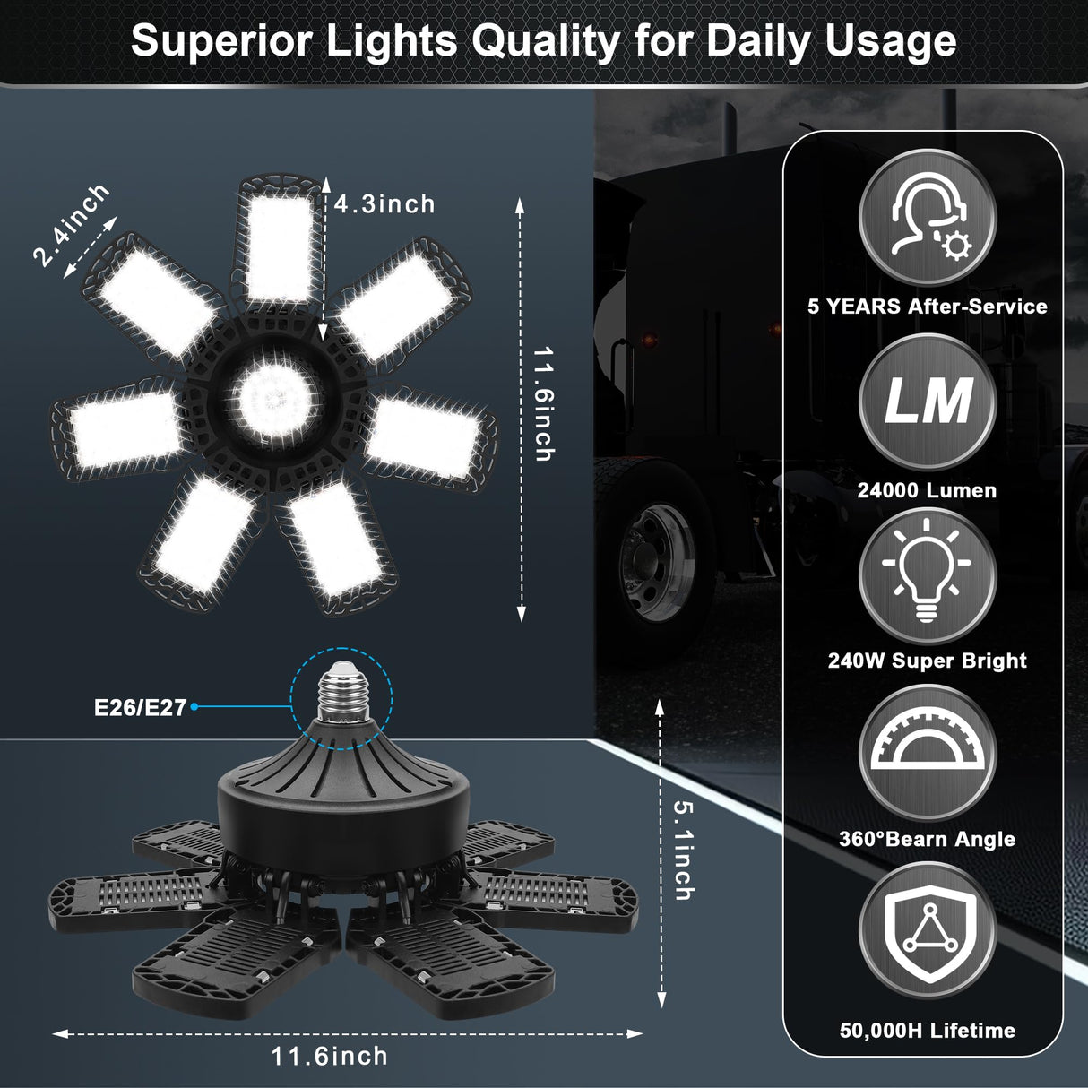 2 Pack LED Garage Light, 240W LED Shop Light Garage Lights, Ceiling Light Garage Lighting with 7+1 Deformable Panels, 24000LM E26/E27 LED Lights for AUDLES