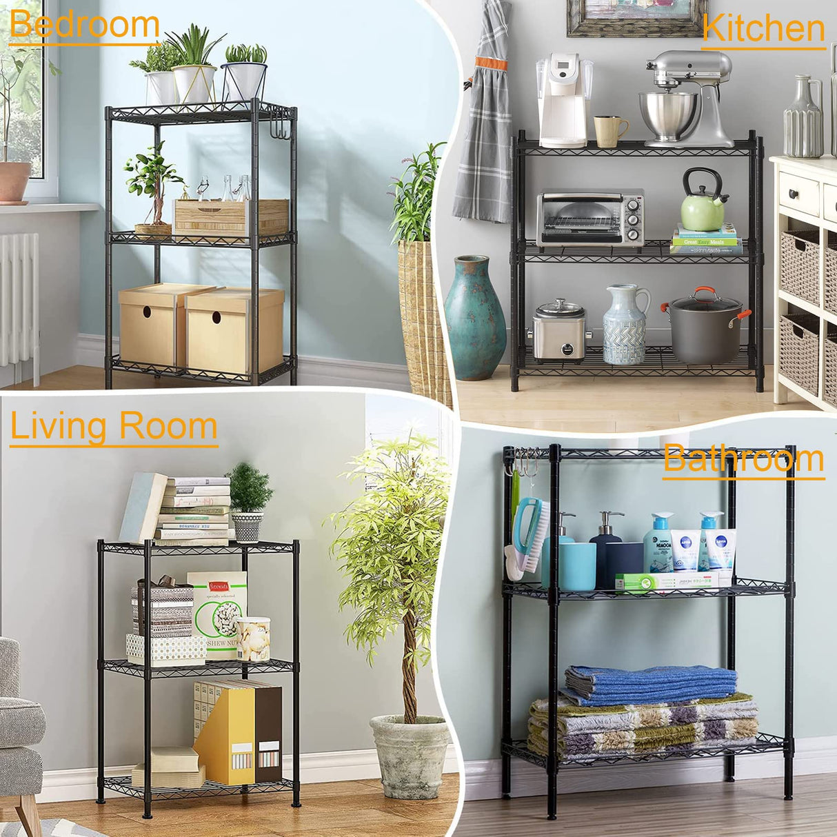 SsngygHme 3 Tier Shelf Storage, Wire Shelving Unit, 3 Tiers Standing Shelving Units Adjustable Metal Organizer Wire Rack with Leveling Feet, 15.7 '' SsngygHme