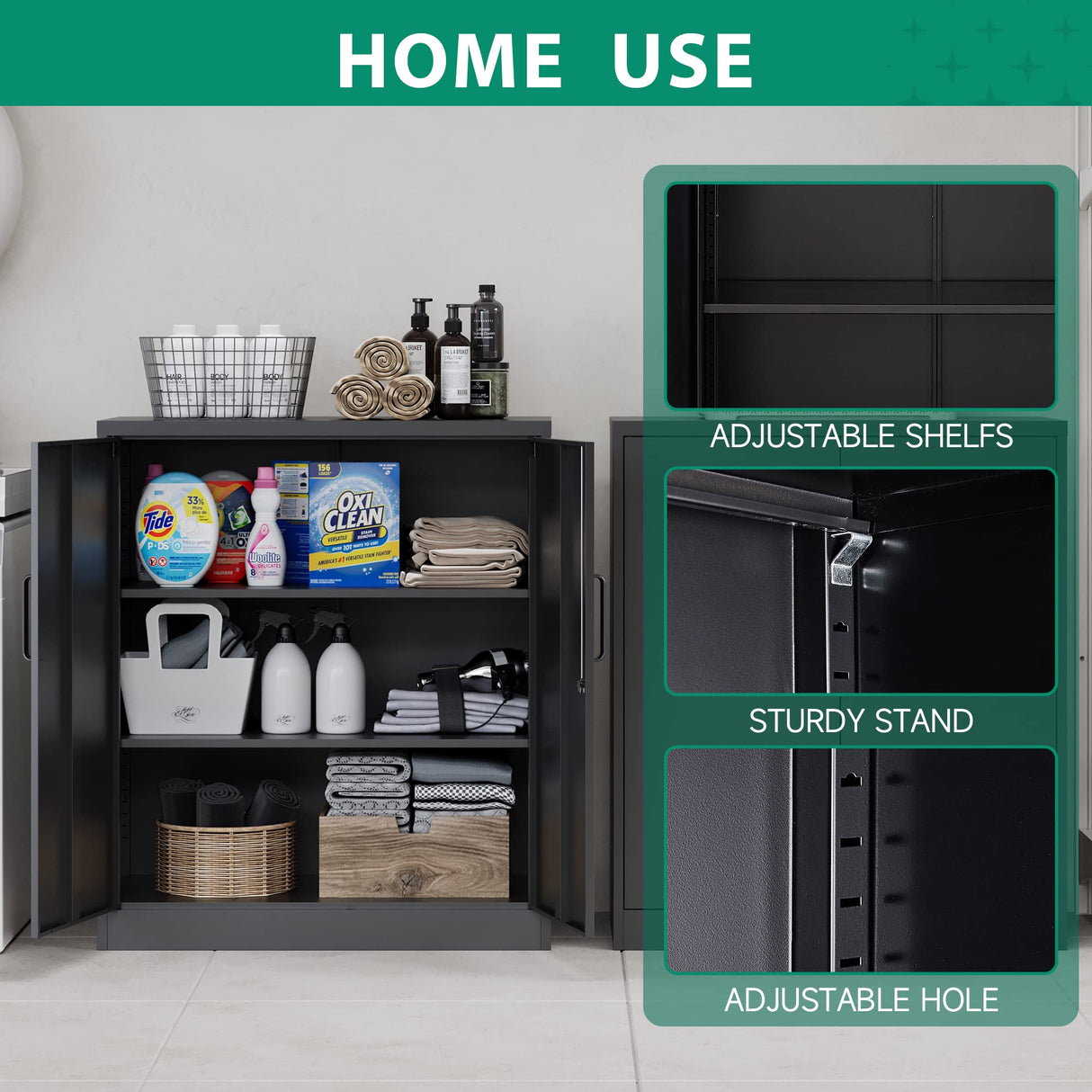 Letaya Metal Storage Cabinets with Lock, Small Locker Steel Cabinets, Adjustable Shelves 2 Doors for Home,Office, Warehouse,Garage(Black-36) Letaya