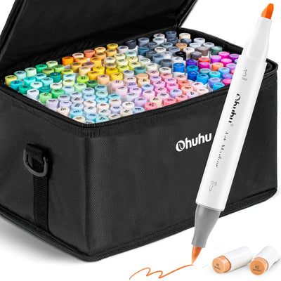 Ohuhu Alcohol Brush Markers 168-color Art Marker Set Double Tipped Alcohol-based Markers for Artist Adults Coloring Illustration- Brush & Chisel -w/