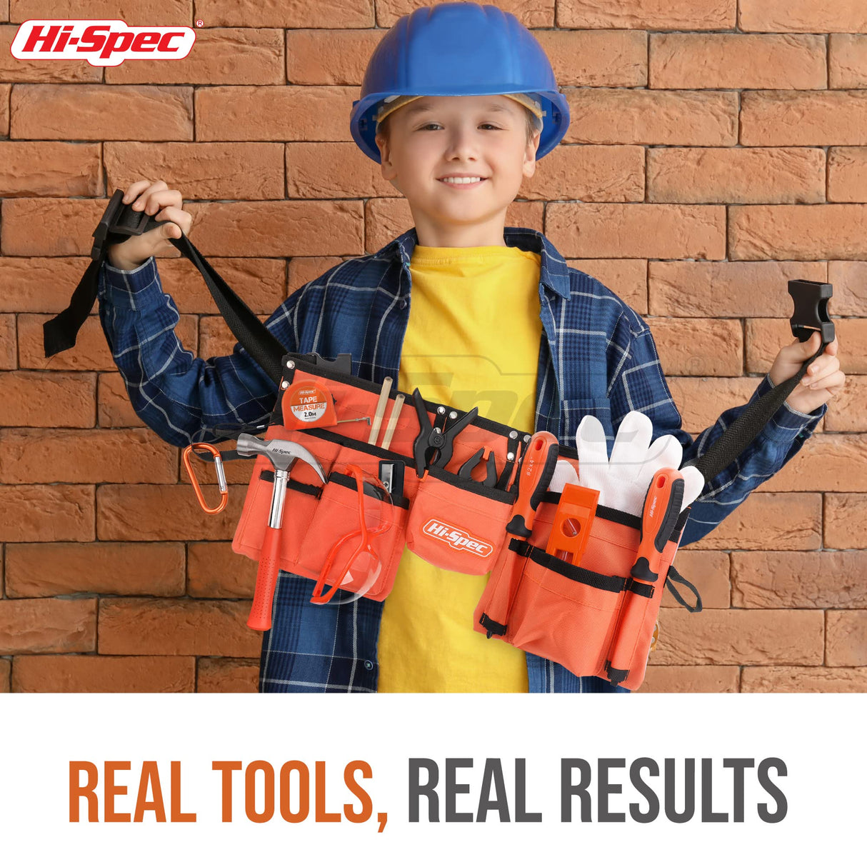 Hi-Spec 16pc Orange Kids Tool Set & Child Size Tool Belt With Real Metal Hand Tools for Building, Woodwork & Construction Learning Hi-Spec