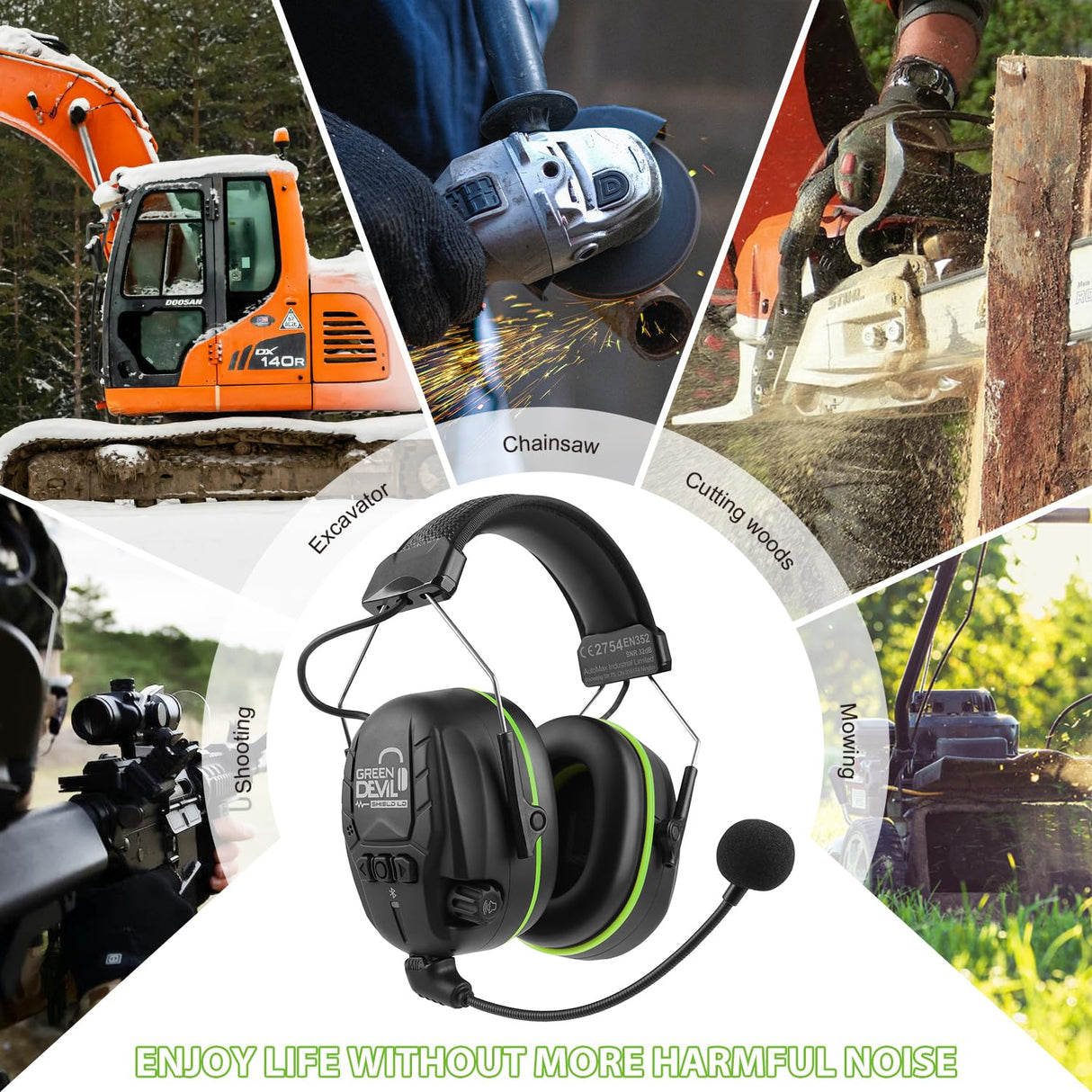 GREEN DEVIL Noise Cancelling Ear Protection Headphones with 5.3 Bluetooth and External Mic NRR 27 dB Hearing Ear Muffs GREEN DEVIL
