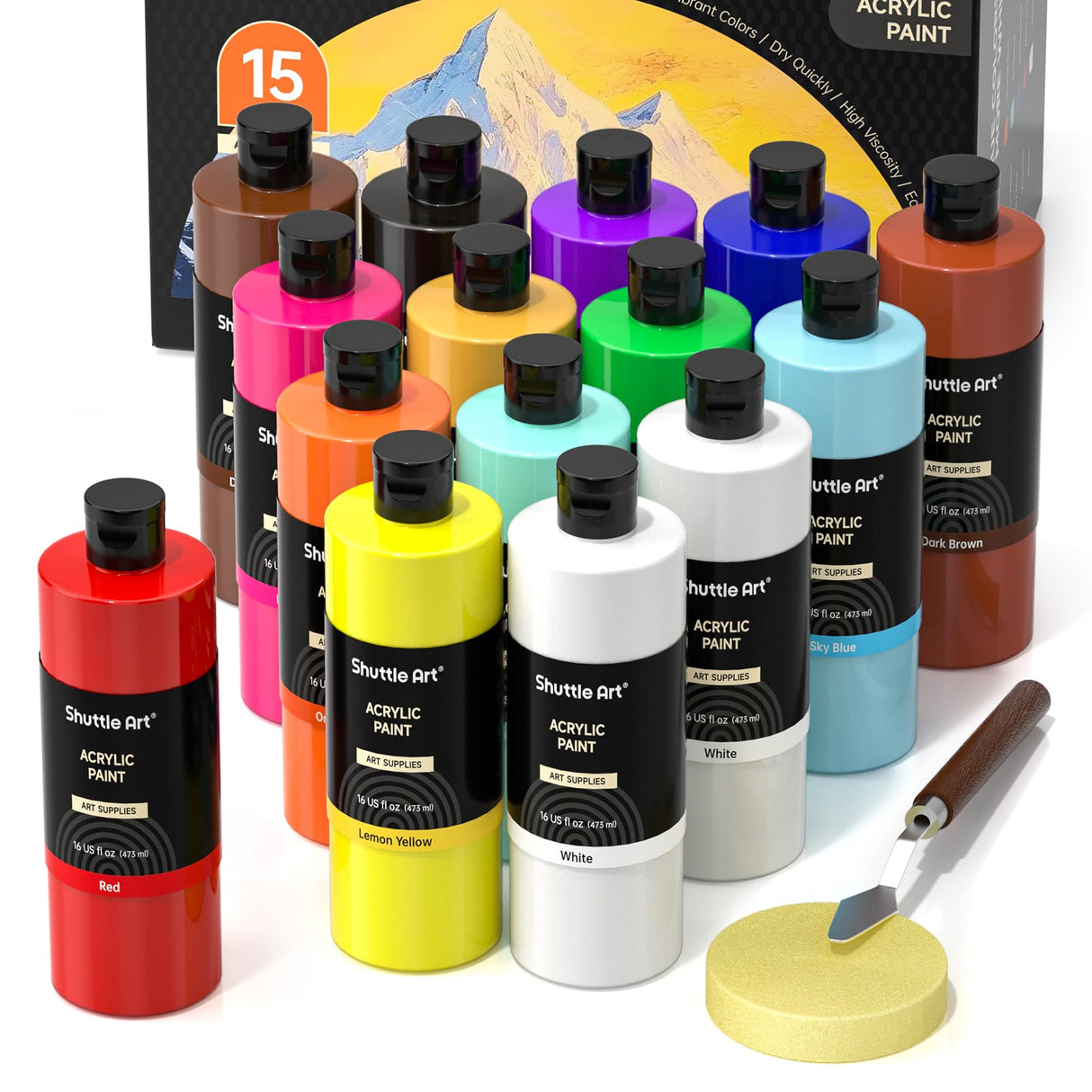 Shuttle Art Acrylic Paint, 15 Pack Acrylic Paint Large Bottle Set, 473ml/16oz Each, 14 Unique Colors and 1 More White, High Viscosity Art Paint for Shuttle Art