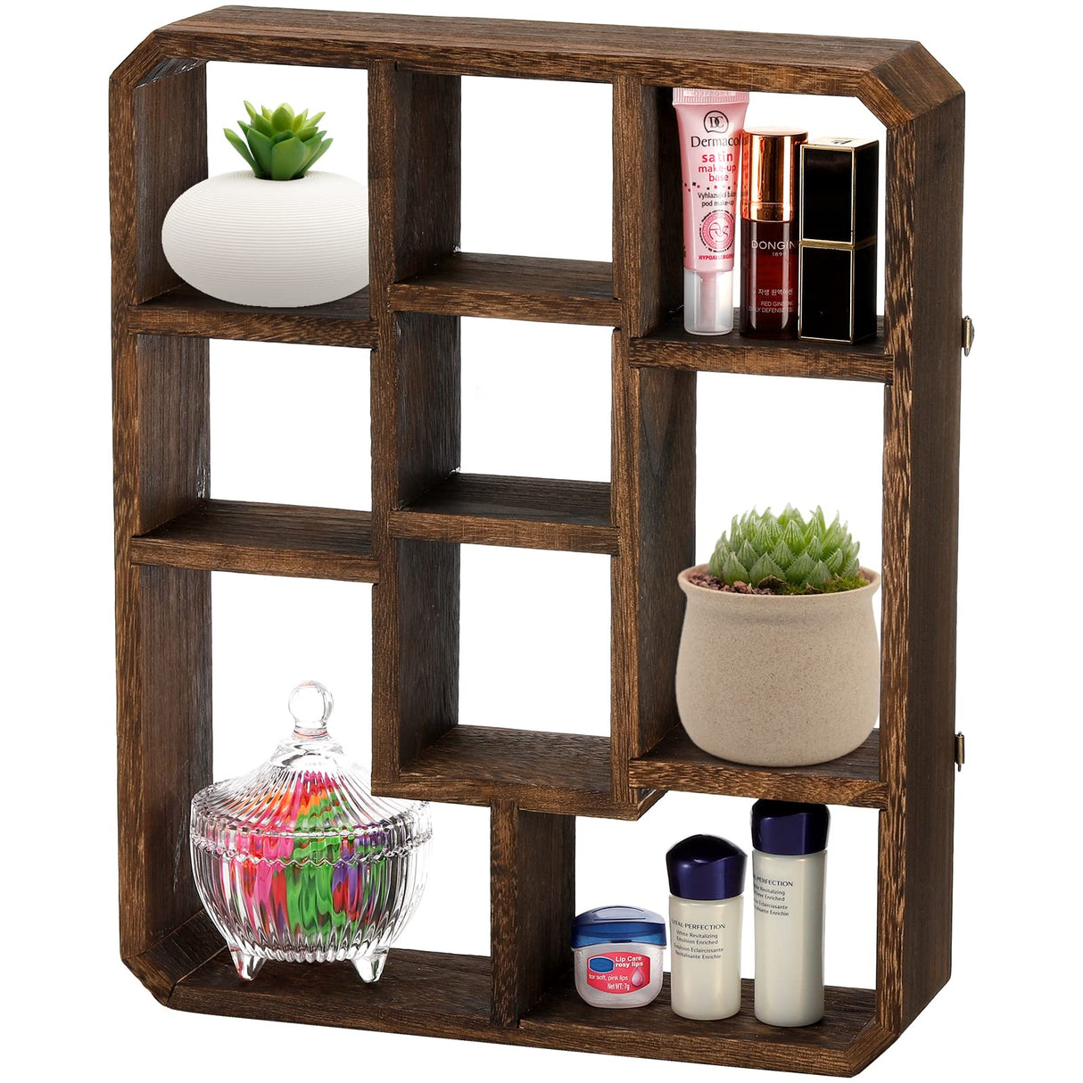 Frcctre Rustic Shadow Box Display Shelf, 9 Compartments Wood Hanging Display Shelf Floating Shelf, Multi-Slot Wall Mounted or Freestanding Farmhouse Frcctre