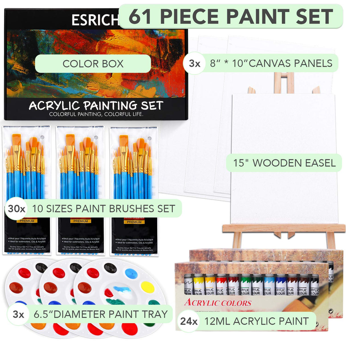 Acrylic Painting Set with 1 Wooden Easel 3 Canvas Panels30 pcs Nylon Hair Brushes 3 PCS Paint Plates and 2 PCS of 12ml Acrylic Paint in 12 Colors for ESRICH