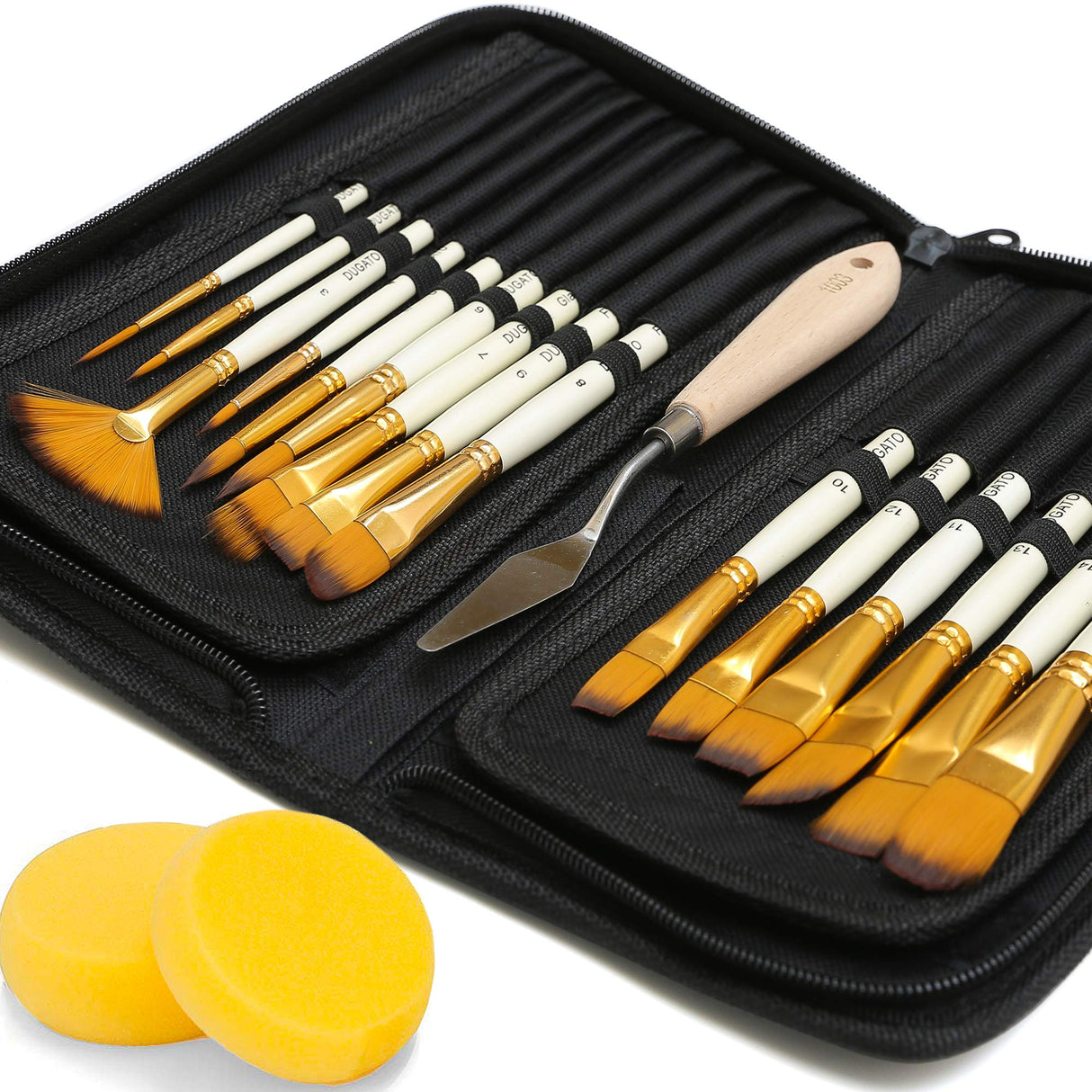 DUGATO Artist Paint Brush Set 15pcs Includes Pop-up Carrying Case with Painting Knife and 2 Sponges for Acrylic, Oil, Watercolor, Art, Scale Model, DUGATO