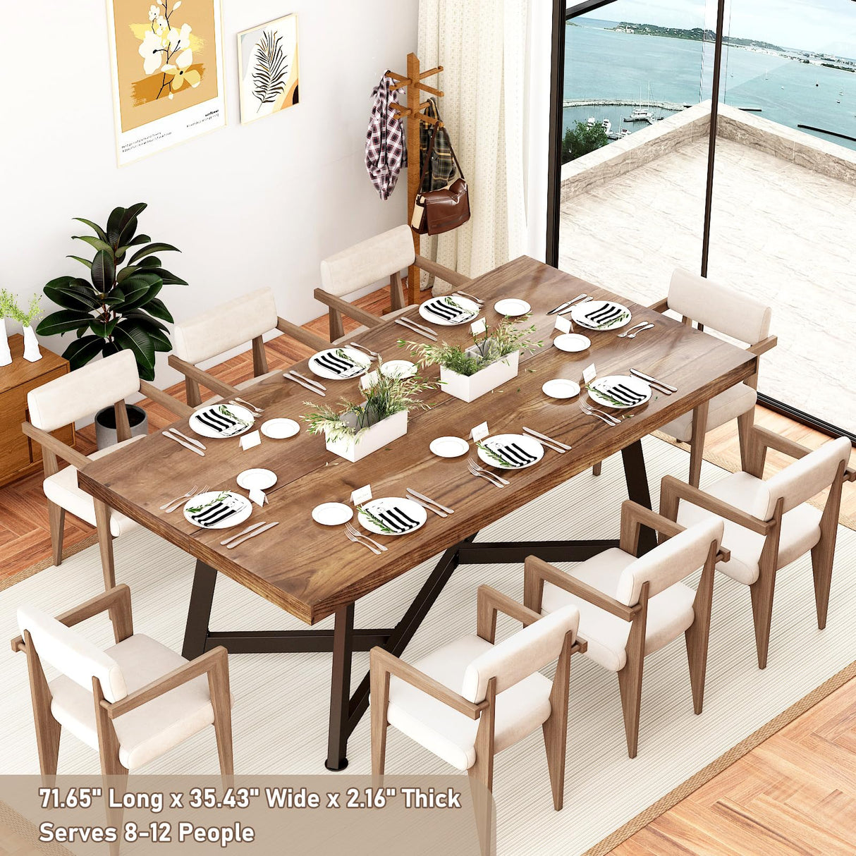 2024 New Large 72IN Solid Wood Dining Table for 6 8 10 People,Modern 6FT Waterproof Rectangular Kitchen Tables w/Anti-Rust&Adjustable Metal Leg,Brown chartustriable