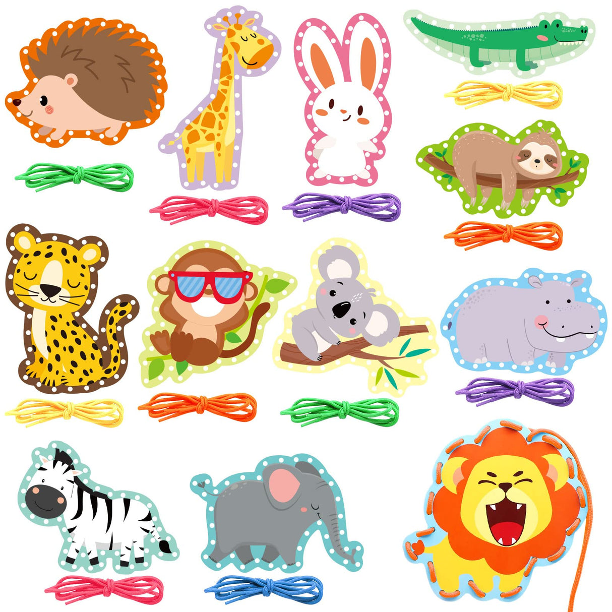 Jungle Animal Lacing Cards 12 Pack Sewing Kits for Kids Lion Wild Animal Cardboard Double Side Kids Sewing Cards Lacing Playing Games for Developing Dapaqami