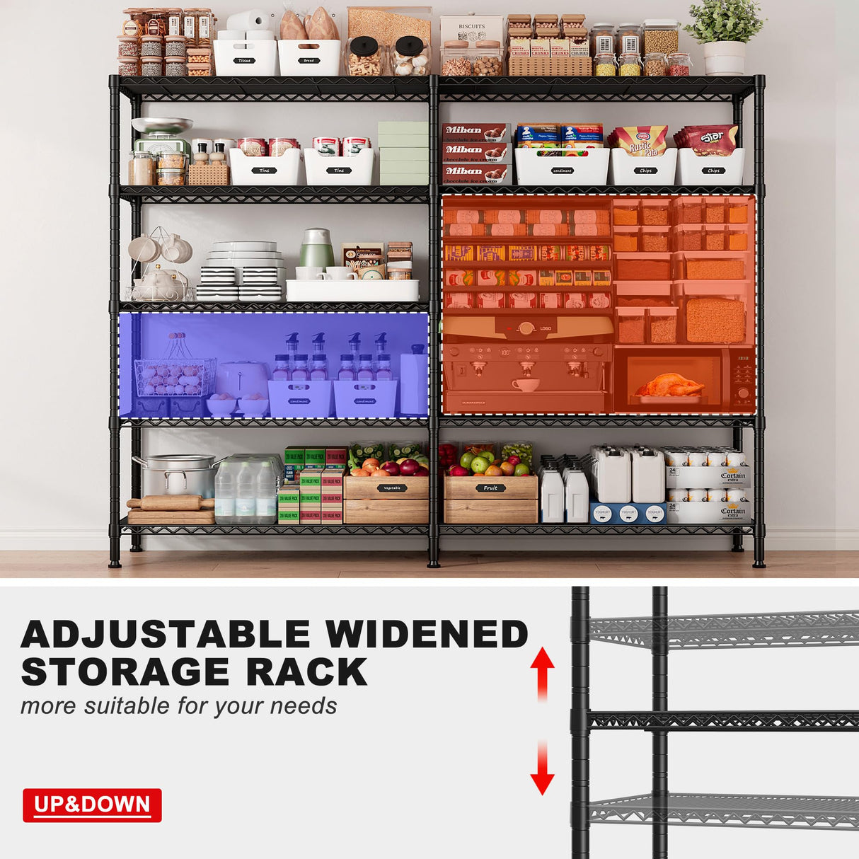 REIBII 61.2''W Storage Shelves 1500LBS Wire Shelving Unit 5 Tier Metal Shelving for Storage Rack Shelves for Storage Heavy Duty Garage Shelf Pantry REIBII