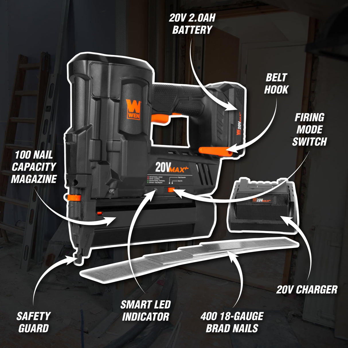 WEN 20V Max Cordless 18-Gauge Brad Nailer with 2.0Ah Battery and Charger (20512) WEN
