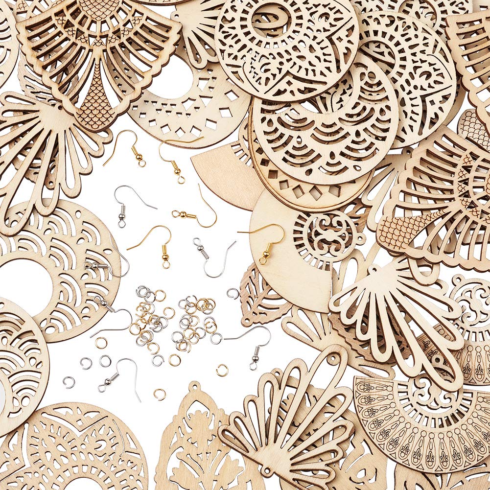 Pandahall 1 Box Natural Wood Dangle Earrings Kit with 48pcs Unfinished Wooden Filigree Earrings Pendants Blank with Stainless Steel Jump Rings and PH PandaHall