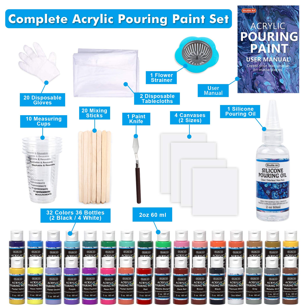 Shuttle Art Acrylic Pouring Paint, Set of 36 Bottles (2 oz/60ml) Pre-Mixed High-Flow Acrylic Paint Pouring Supplies with Canvas, Silicone Oil, Shuttle Art