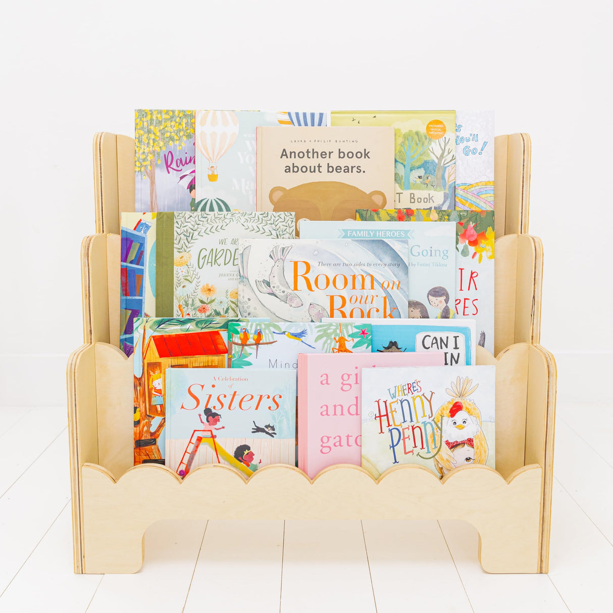 Fable Twig Scalloped Edge Wooden Kids Bookshelf - 3-Tier Montessori Book Organizer for Playroom and Nursery Fable Twig